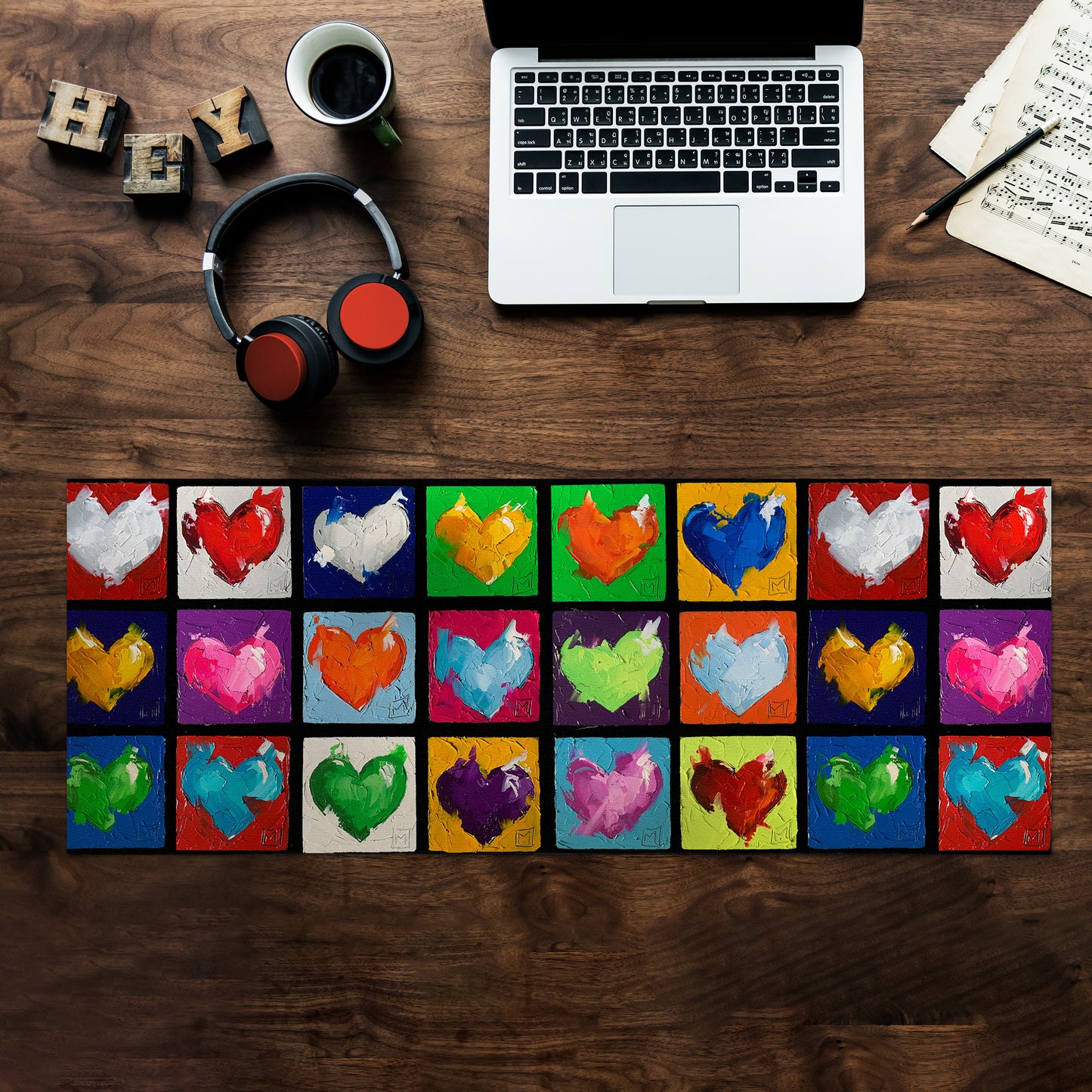 Abstract Hearts Blue Orange Desk Pad by Juanette Menderoi