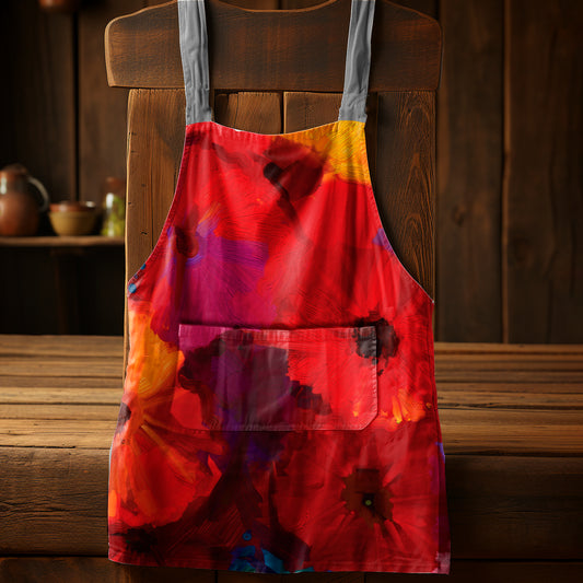 Abstract Painted Red Flowers Medium Length Apron
