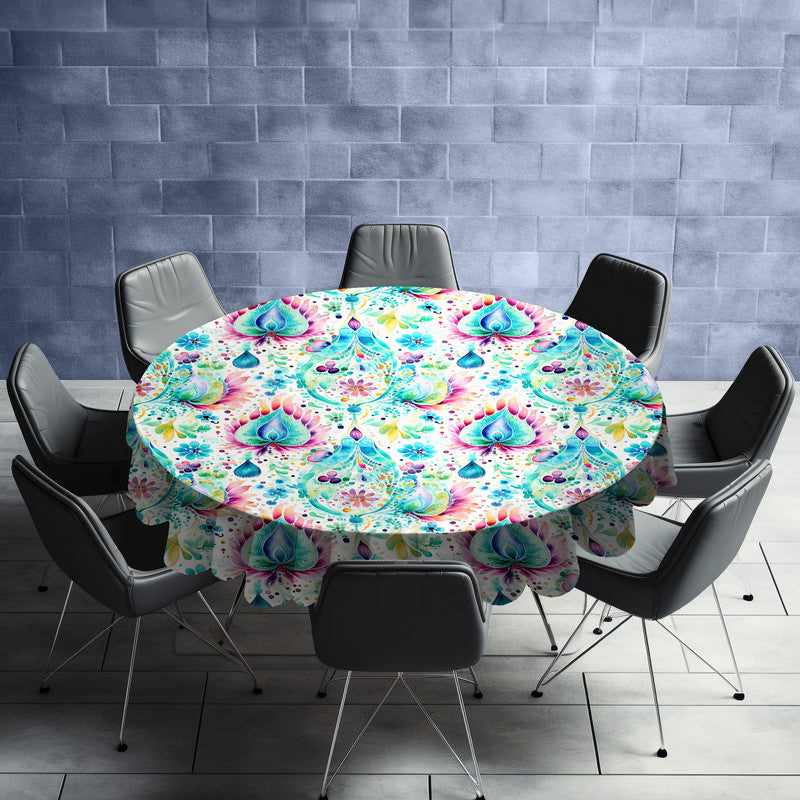 Aqua Leaves Round Tablecloth