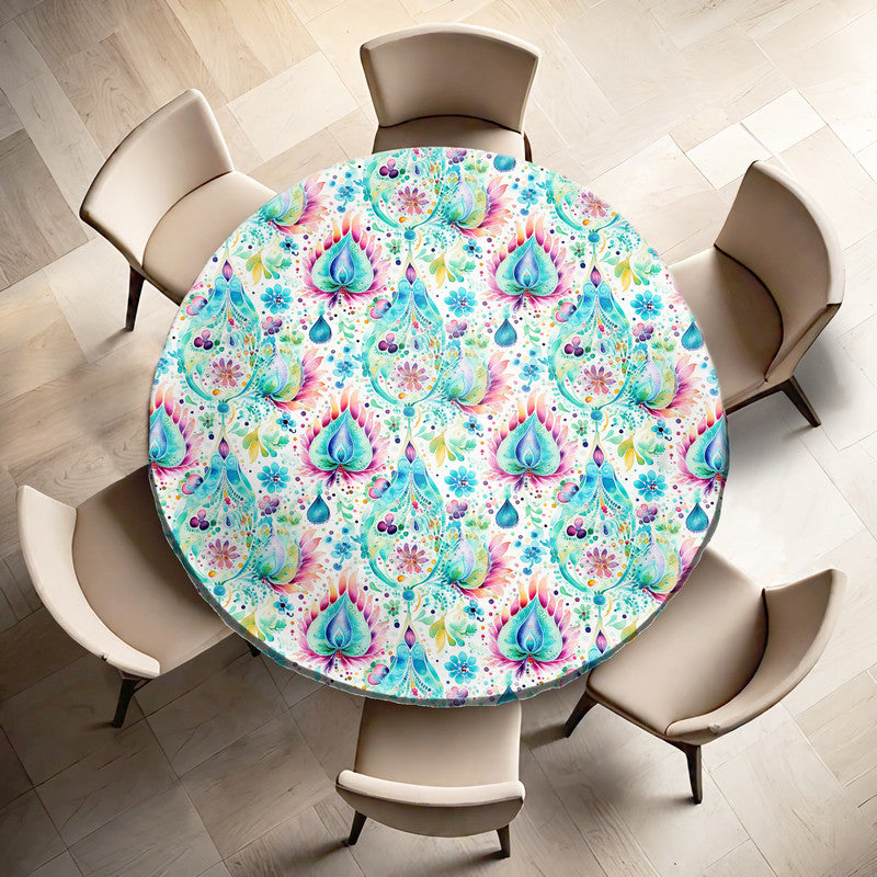 Aqua Leaves Round Tablecloth