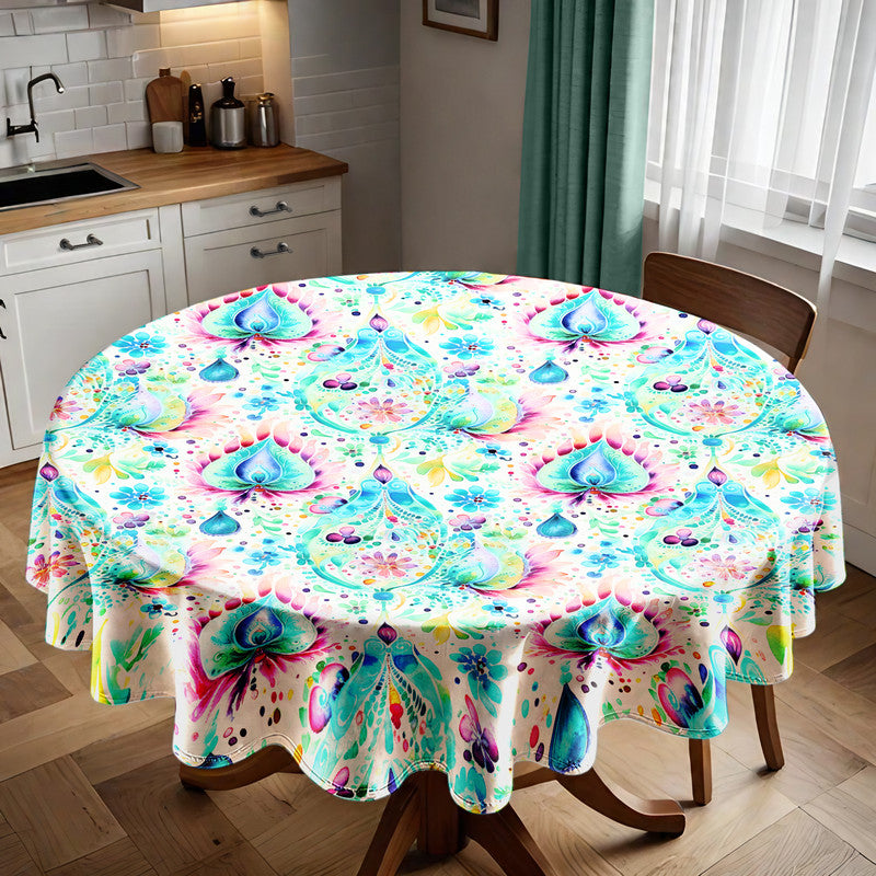 Aqua Leaves Round Tablecloth