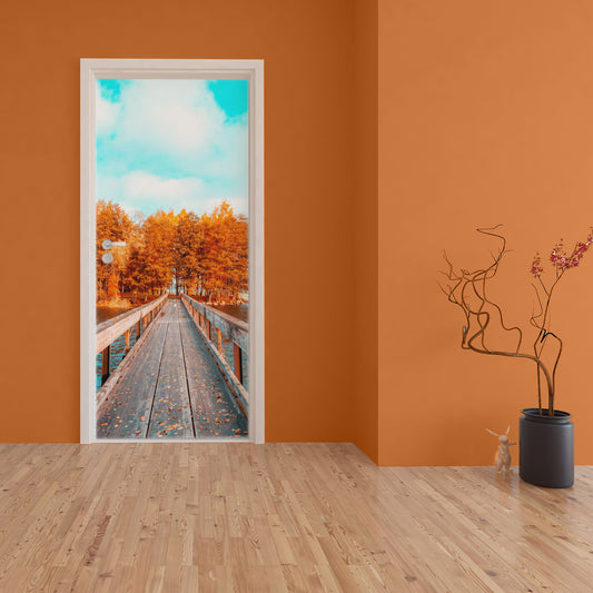 Decoupage - Blue Sky Autumn Forest Bridge Door