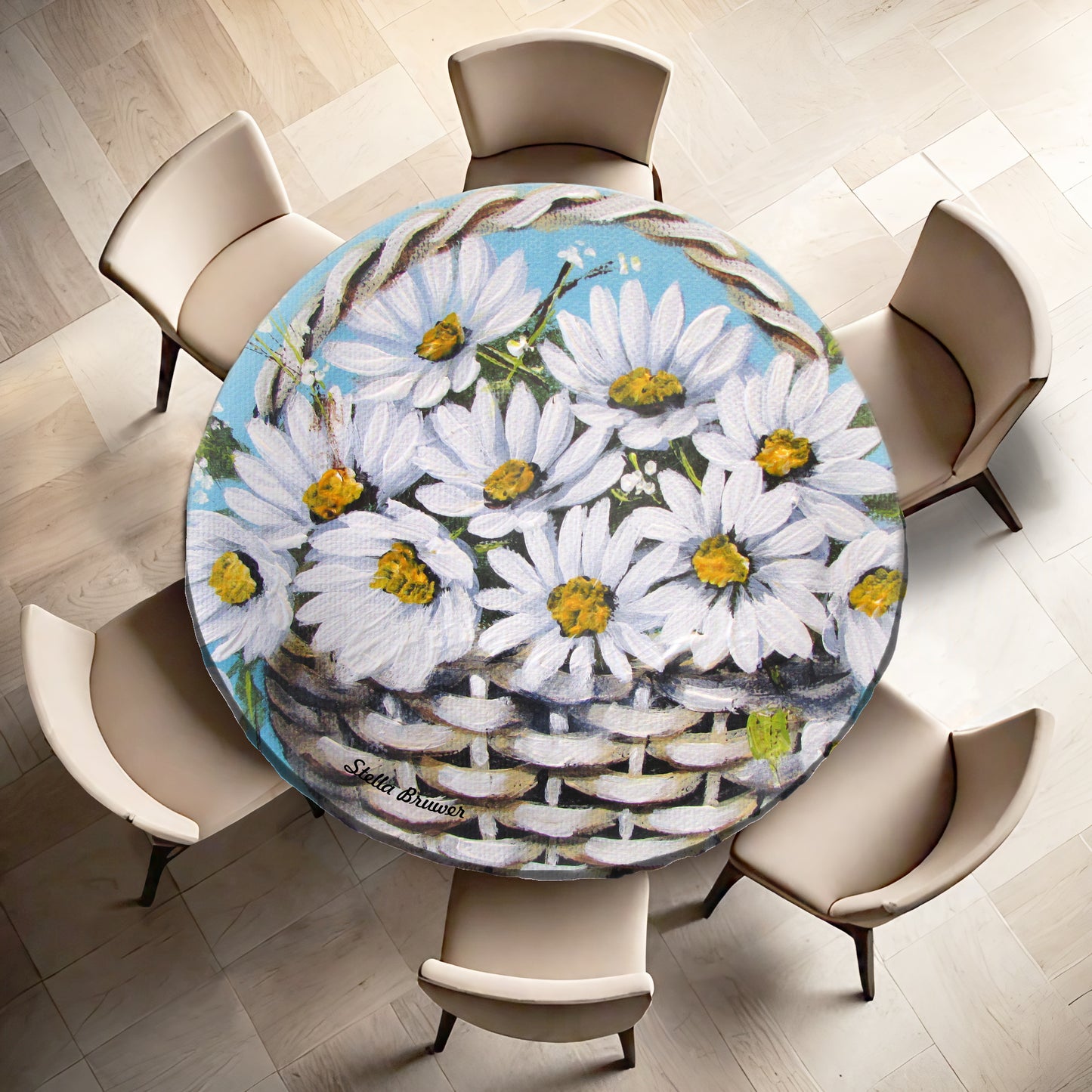 Basket of Daisies By Stella Bruwer Round Tablecloth