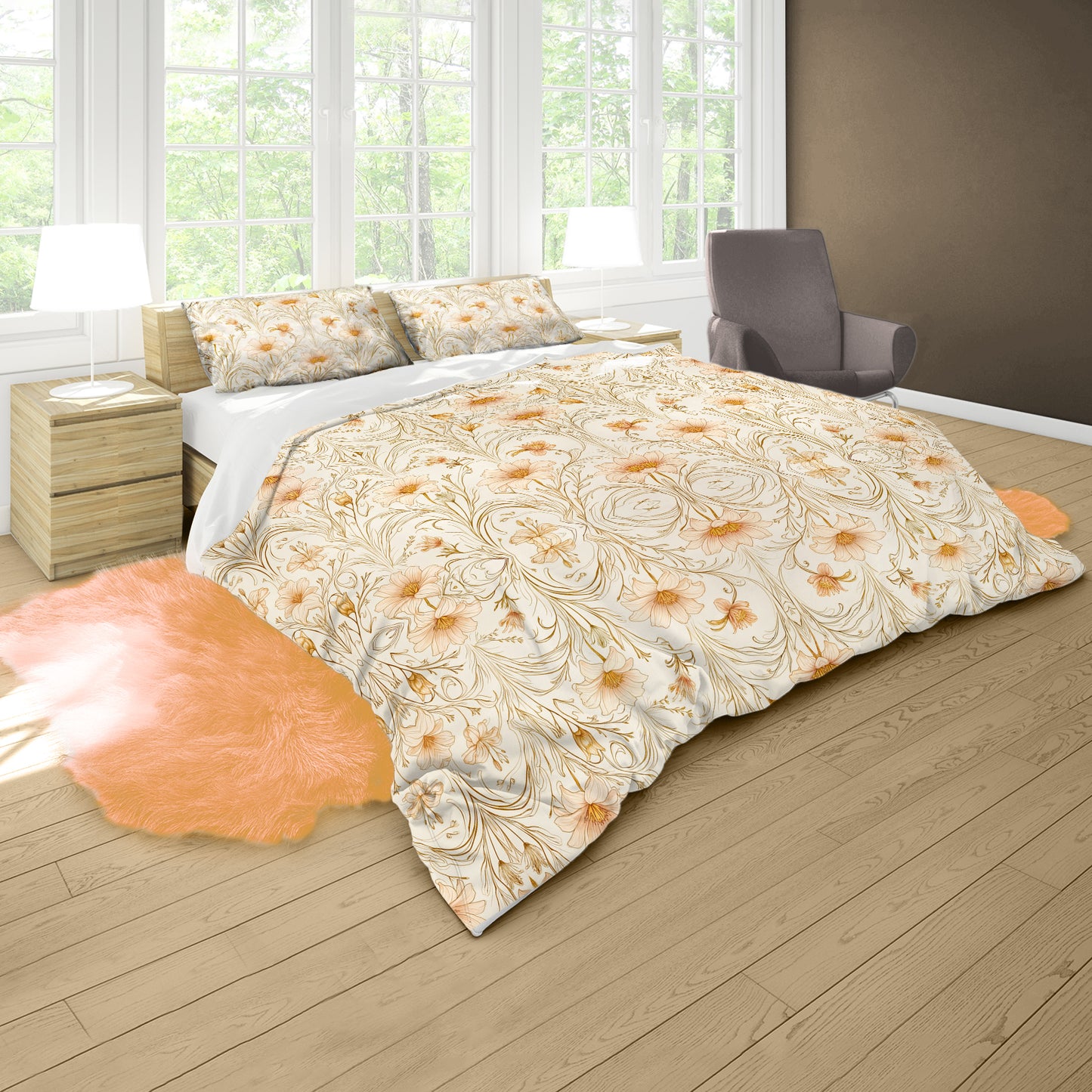 Beige Lily Blossom Duvet Cover Set