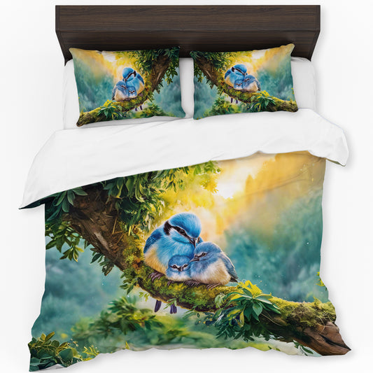 Birds Nestled in Blue Duvet Cover Set