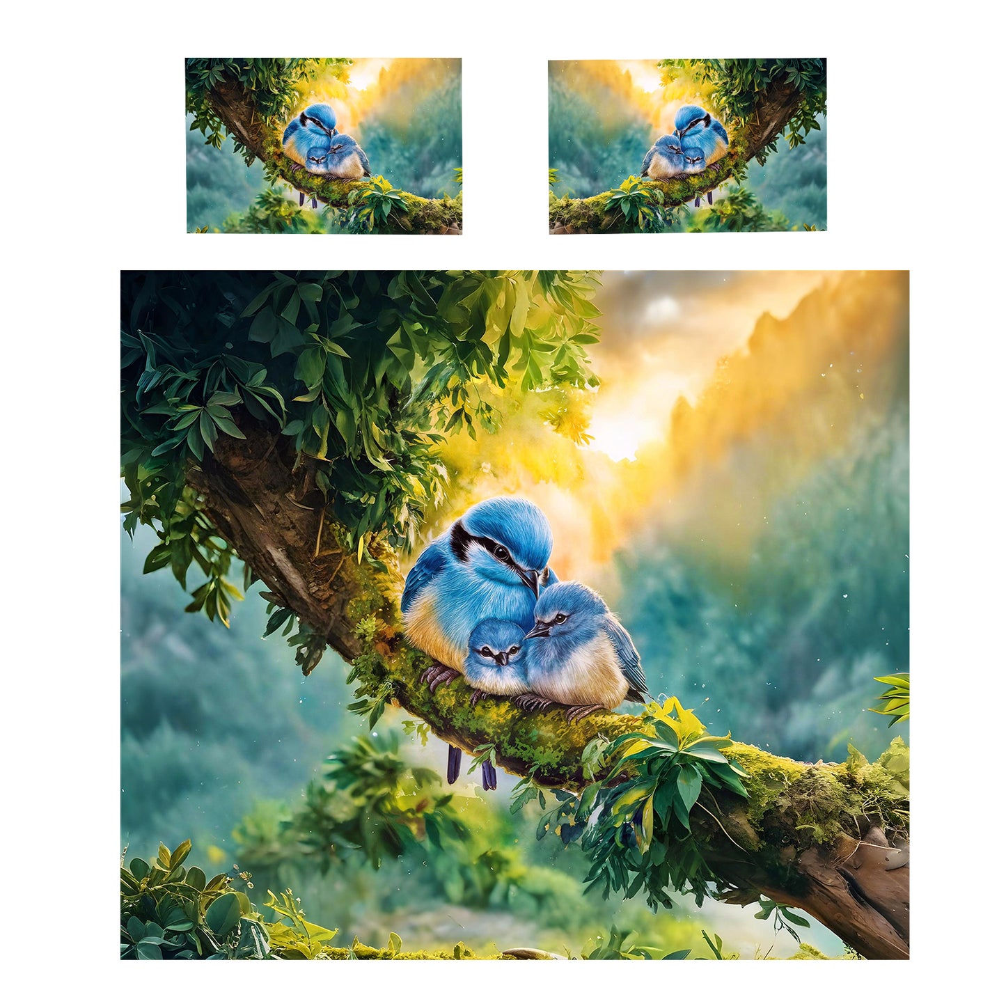 Birds Nestled in Blue Duvet Cover Set