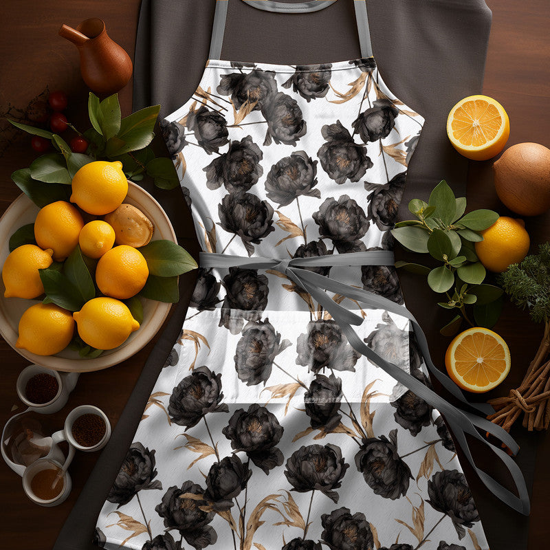 Black Floral Medium Length Apron By Mark Van Vuuren