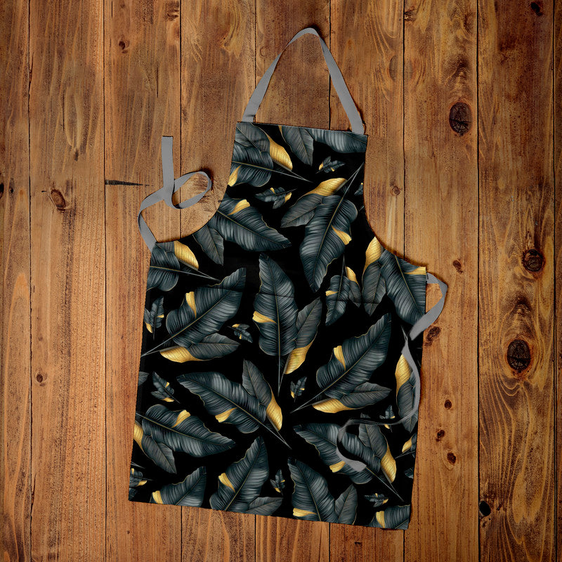 Black and Gold Leaf Pattern Medium Length Apron By Mark Van Vuuren