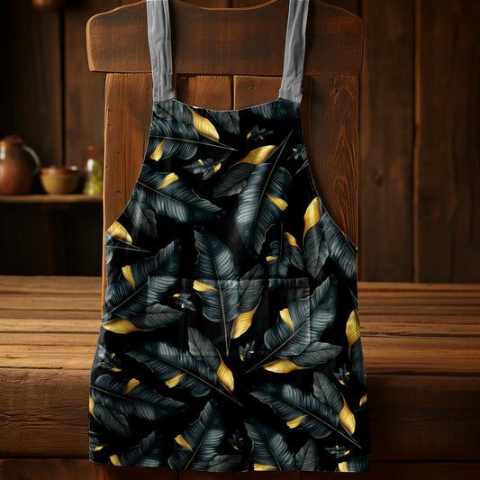 Black and Gold Leaf Pattern Medium Length Apron By Mark Van Vuuren