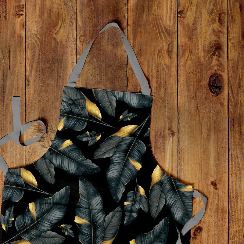 Black and Gold Leaf Pattern Medium Length Apron By Mark Van Vuuren