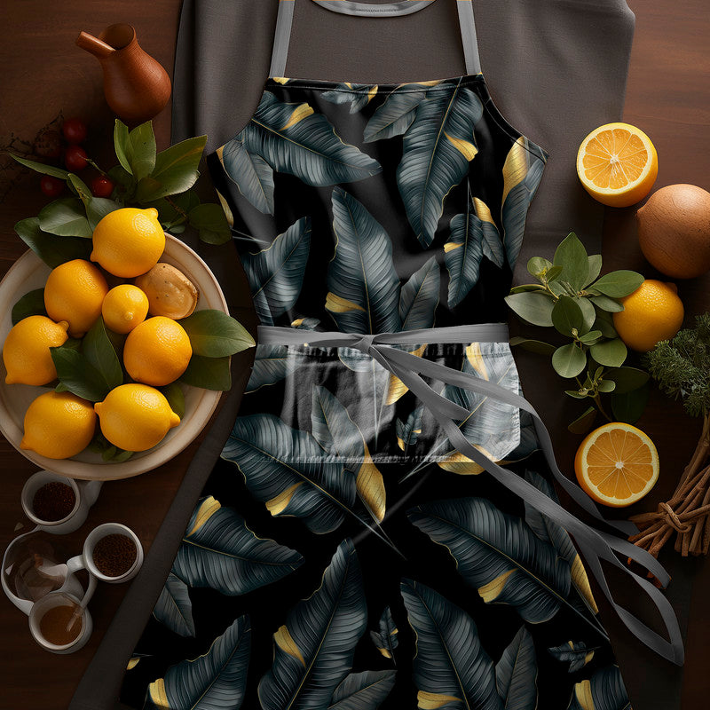 Black and Gold Leaf Pattern Medium Length Apron By Mark Van Vuuren
