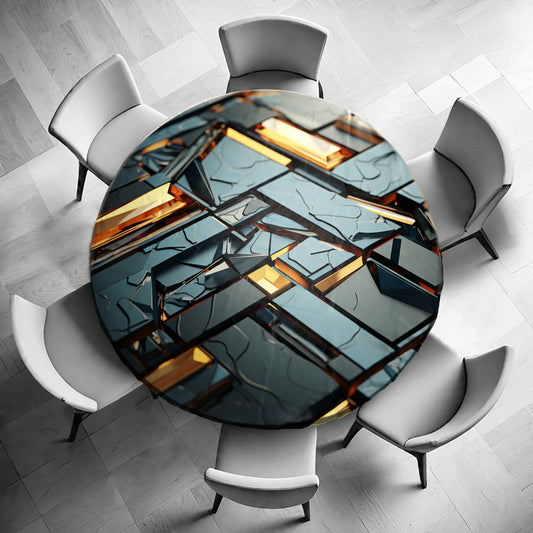 Black and Gold 3D Tile Round Tablecloth