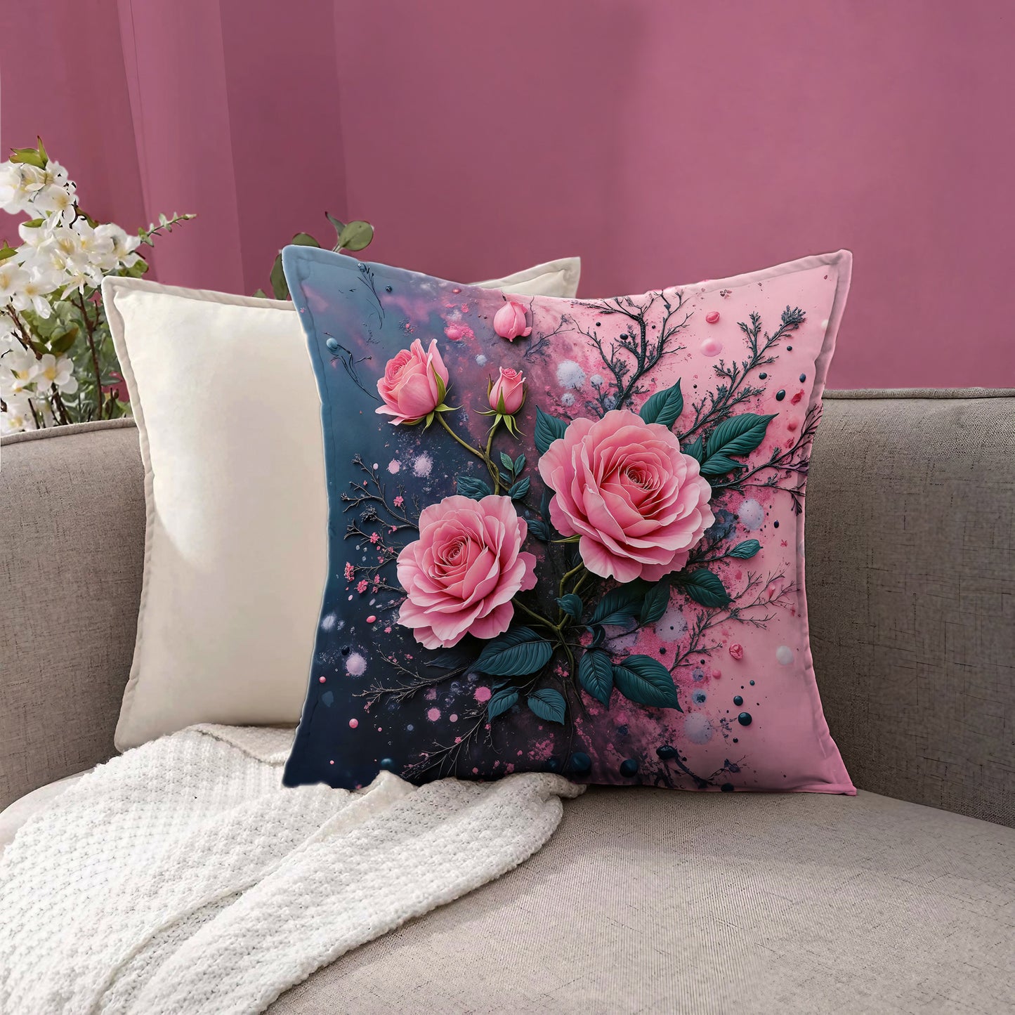 Black And Pink Abstract Rose Exclusive Range Cushions