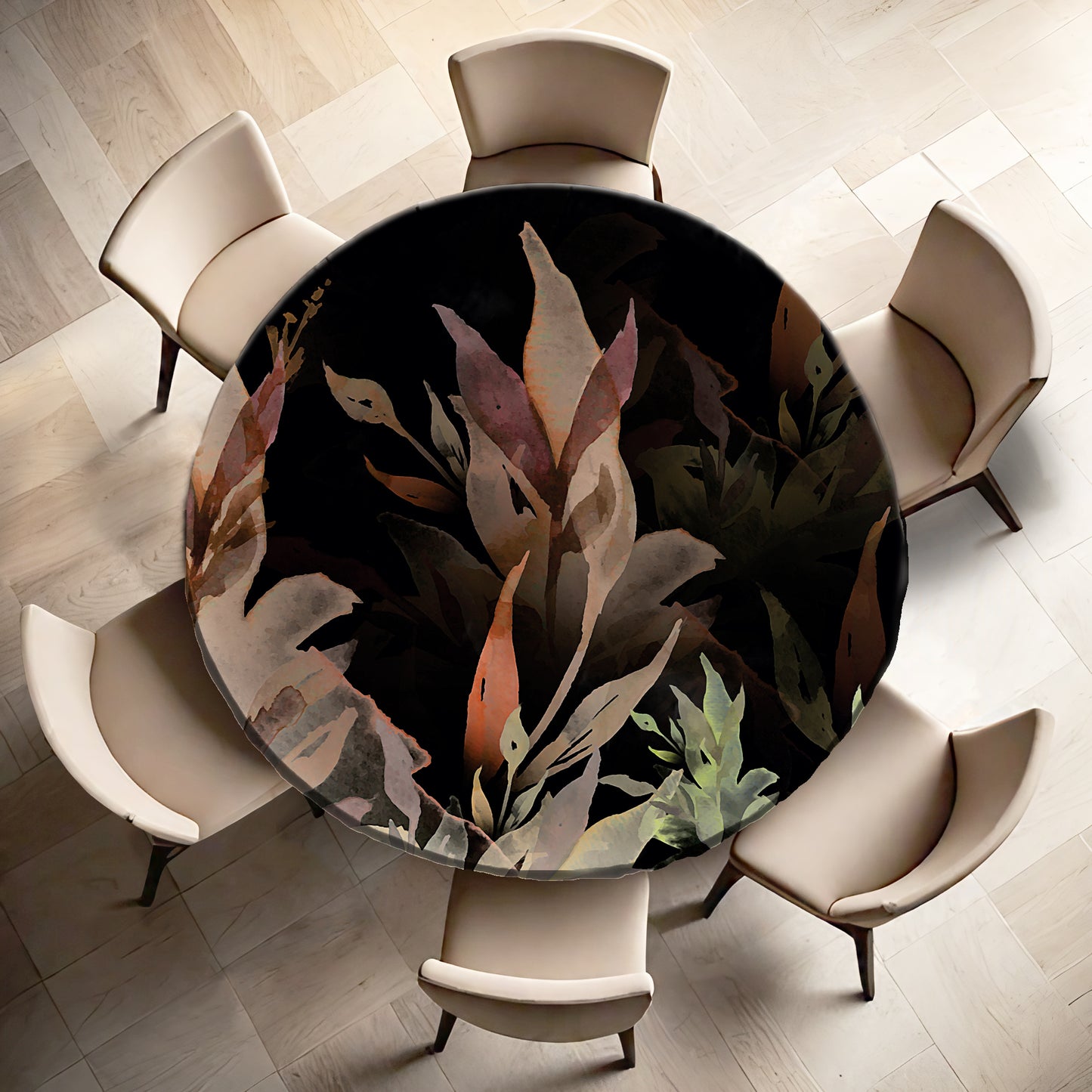 Black Background Green Leaves Round Tablecloth By Mark Van Vuuren