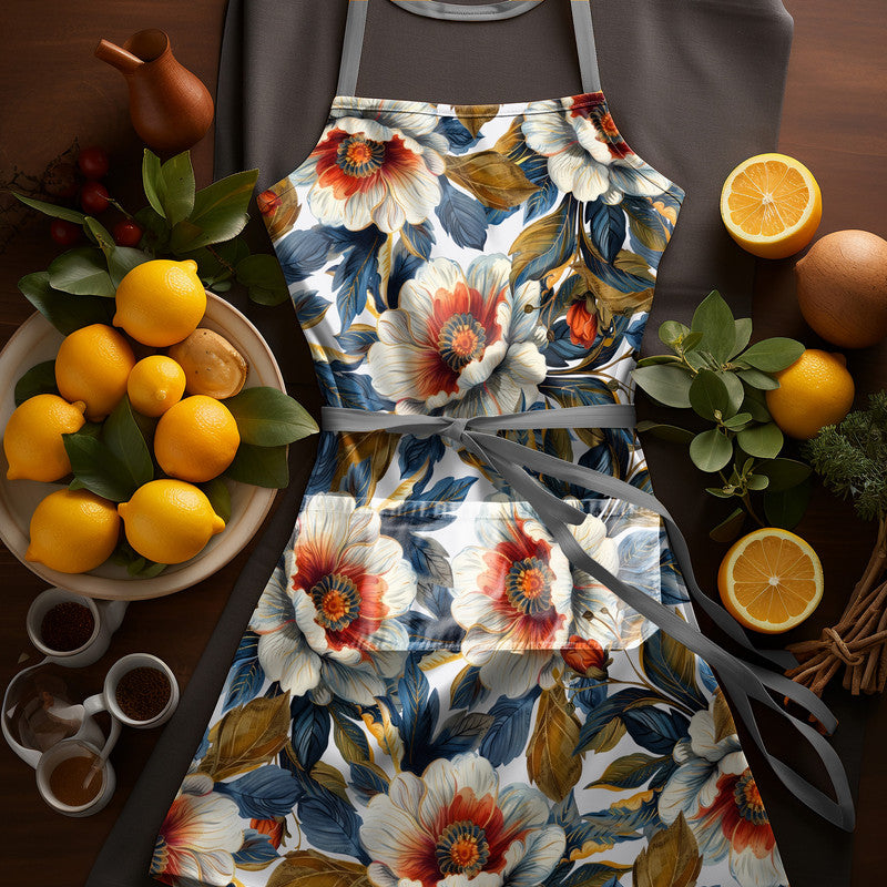 Blue and Orange Floral Medium Length Apron By Mark Van Vuuren