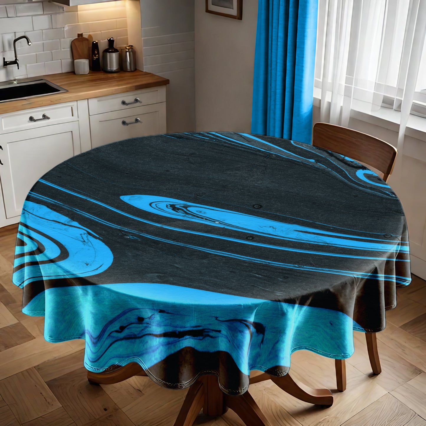 Blue Flowing Paint Round Tablecloth