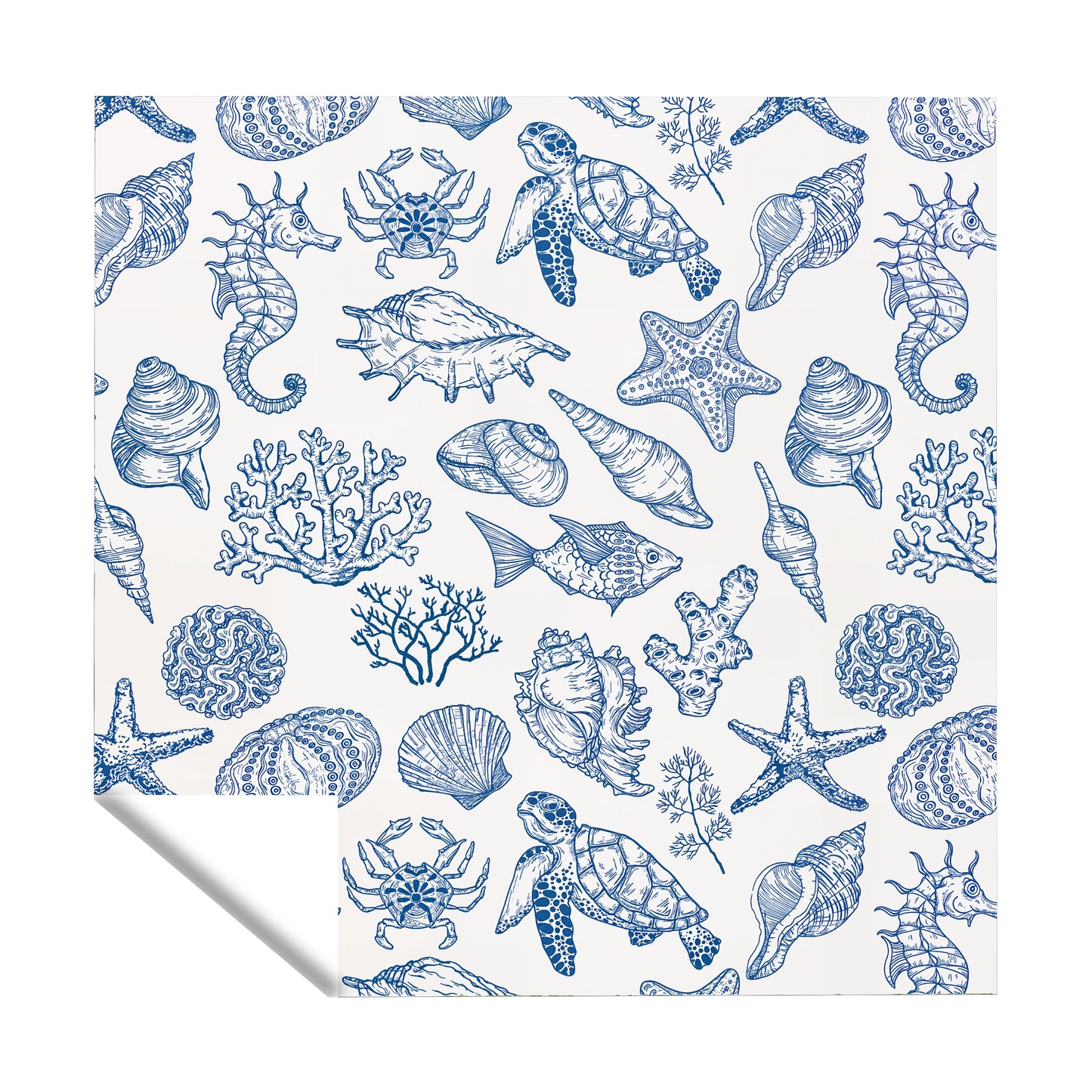 Blue Shells on White Square Tablecloth
