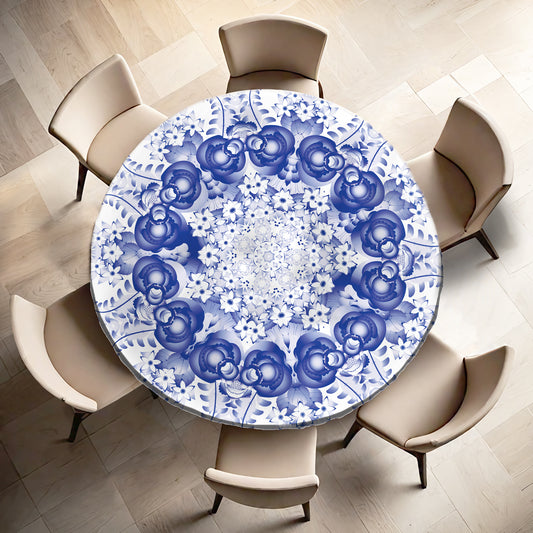 Blue Floral Pattern Round Tablecloth