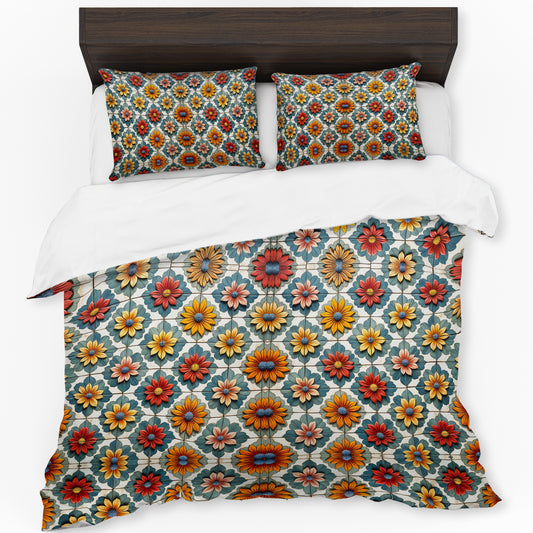 Bohemian Tiles Daises Duvet Cover Set