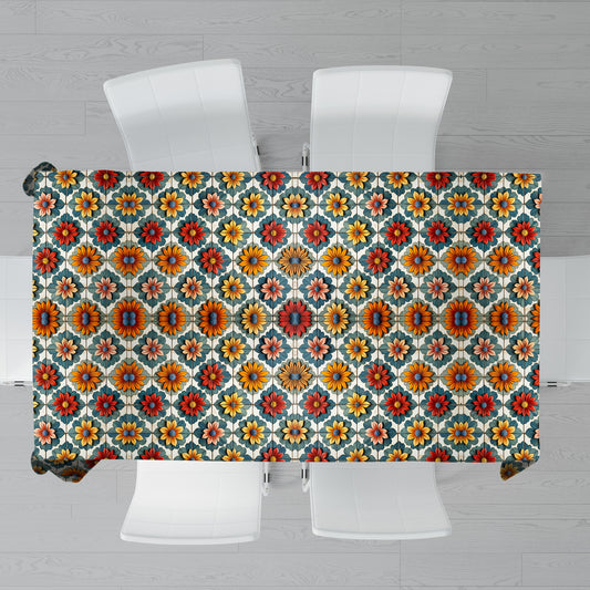 Bohemian Tiles Daises Rectangle Tablecloth