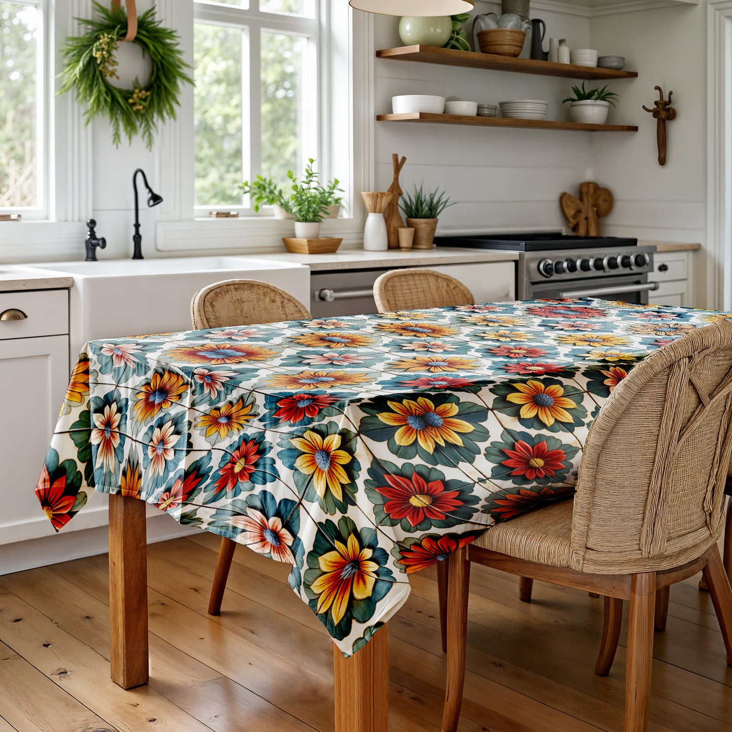 Bohemian Tiles Daises Rectangle Tablecloth