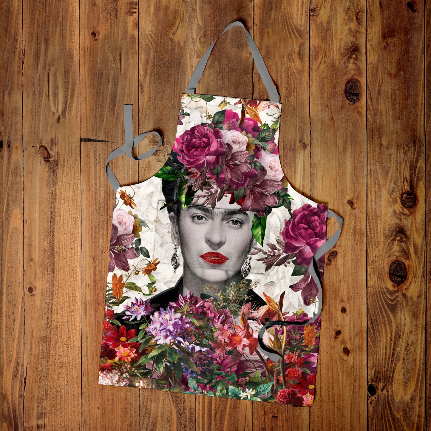Bright Floral Frida Kahlo Medium Length Apron By Mark Van Vuuren