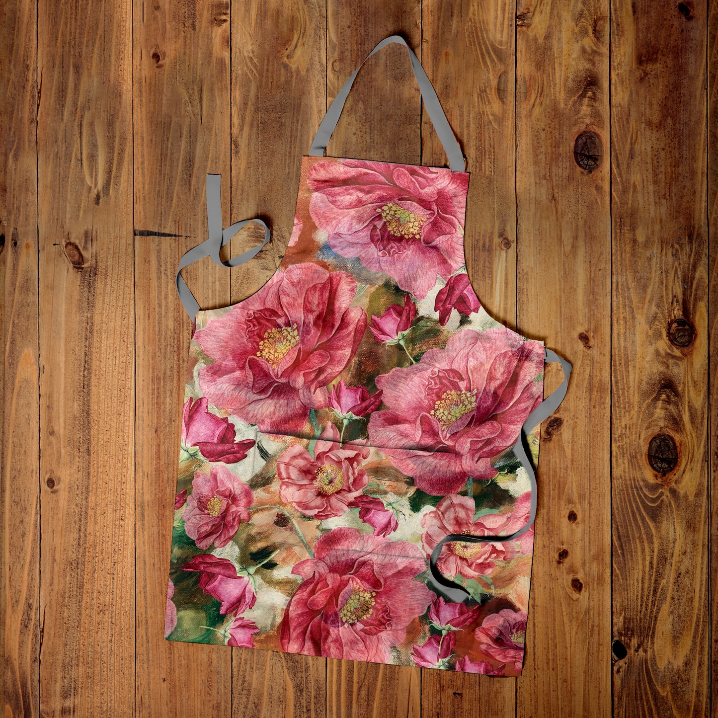 Bright Red Floral Medium Length Apron By Mark Van Vuuren