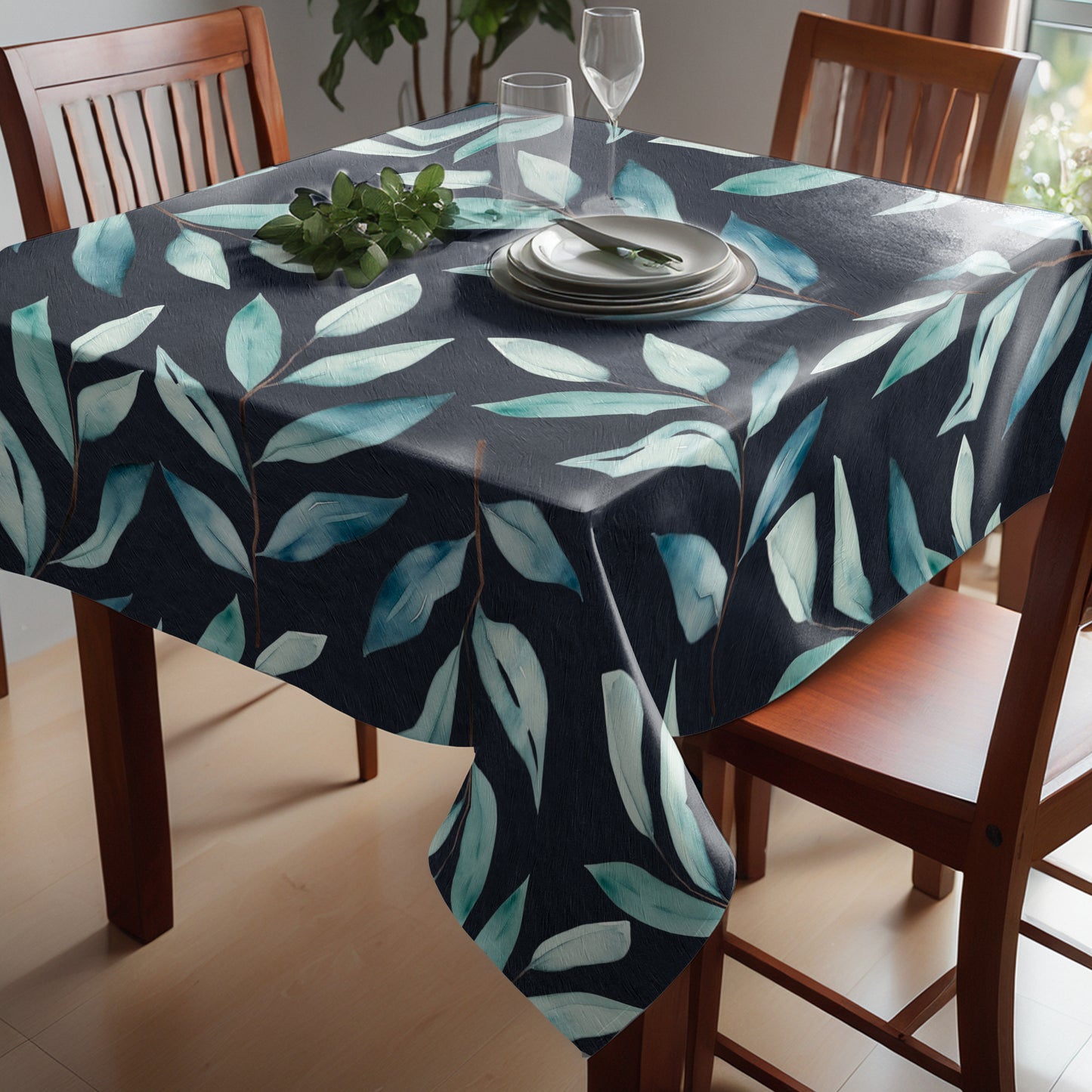 Charcoal Waterpainted Blue Leaves By Mark Van Vuuren Square Tablecloth