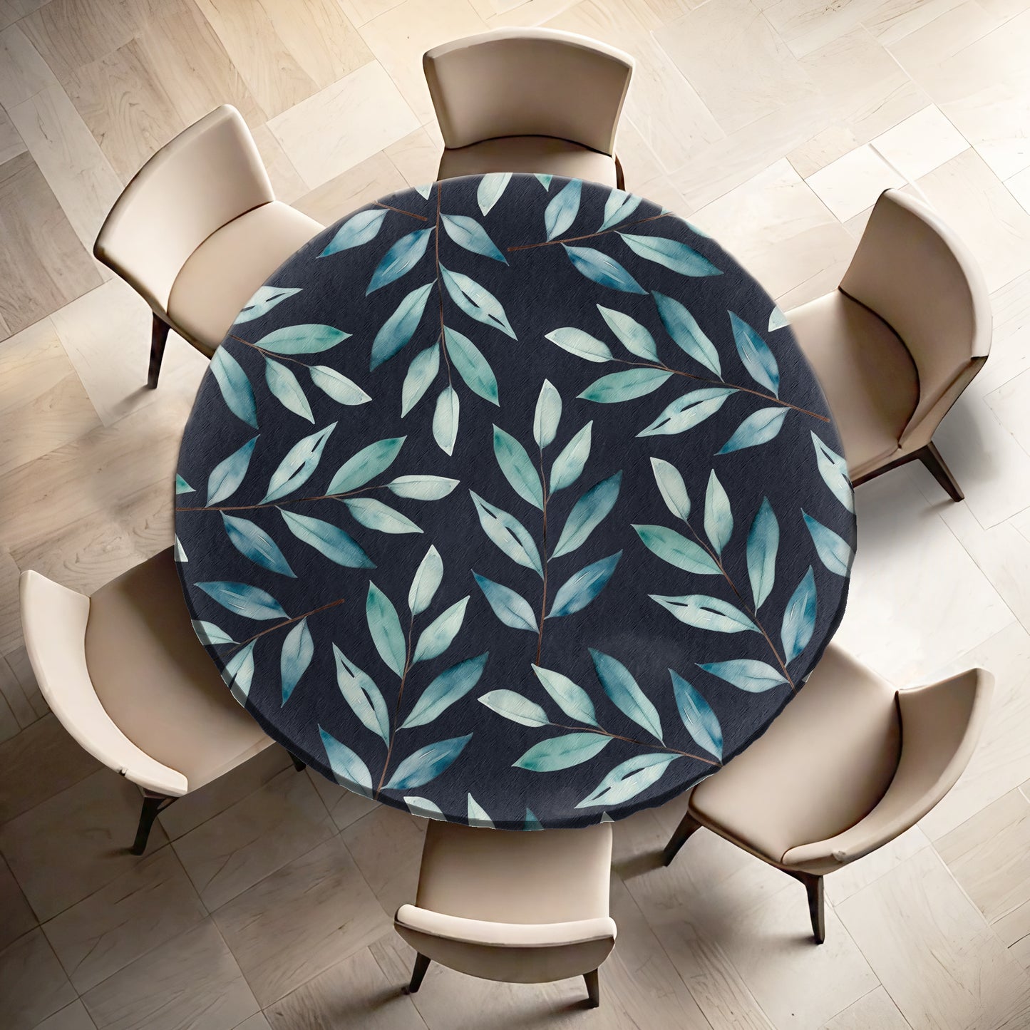 Charcoal Waterpainted Blue Leaves By Mark Van Vuuren Round Tablecloth