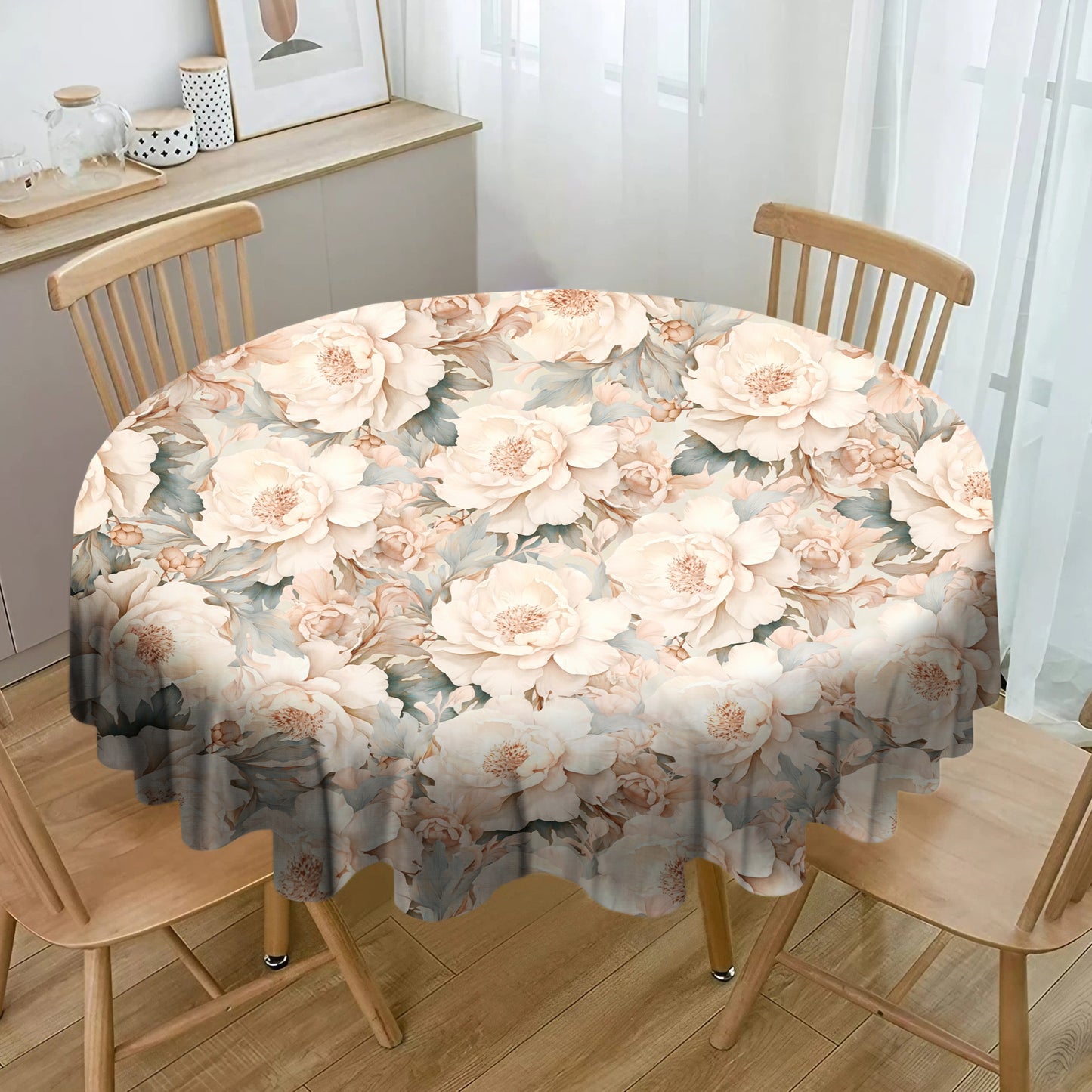 Coffee & Grey Tone Peonies By Mark Van Vuuren Round Tablecloth