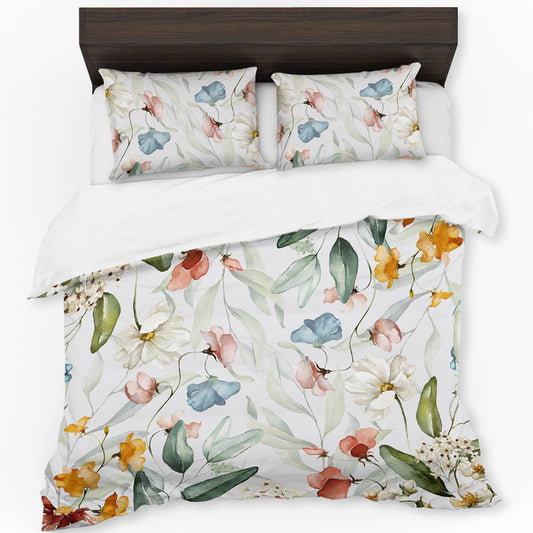 Colourful Water Painted Flowers on White Duvet Cover Set by Mark van Vuuren