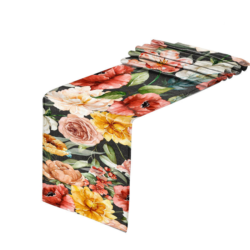 Colourful Flowers Patern on Black Table Runner by Mark van Vuuren