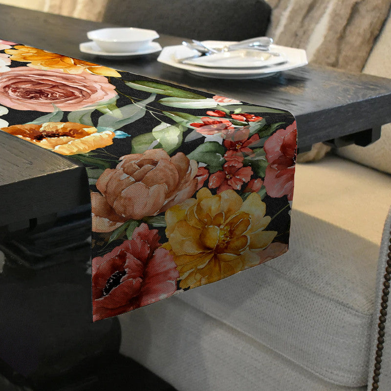 Colourful Flowers Patern on Black Table Runner by Mark van Vuuren