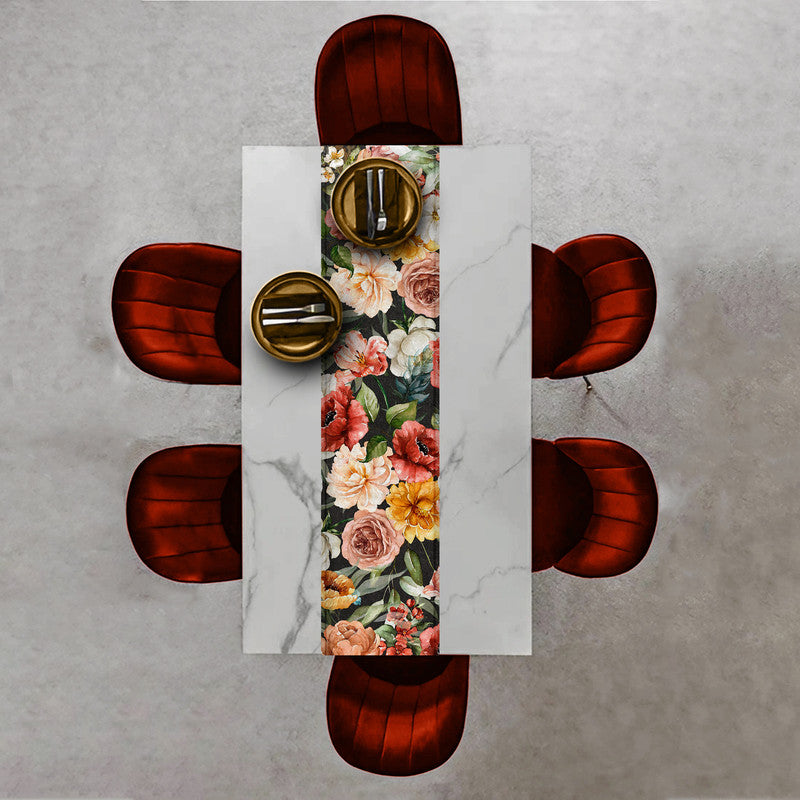 Colourful Flowers Patern on Black Table Runner by Mark van Vuuren