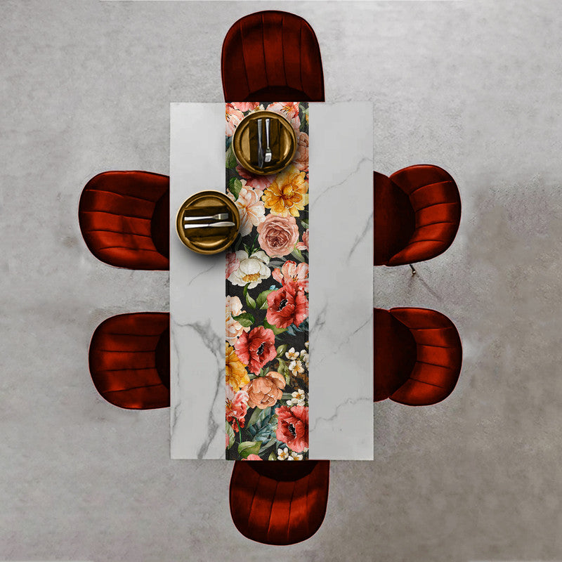 Colourful Water Painted Flowers on Black Table Runner by Mark van Vuuren