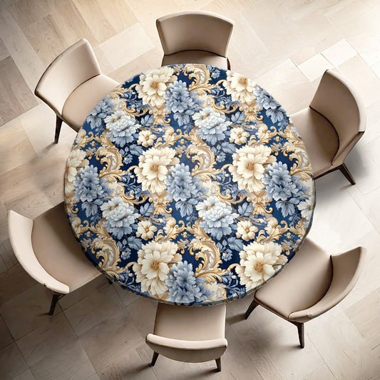 Cream And Blue Floral Round Tablecloth