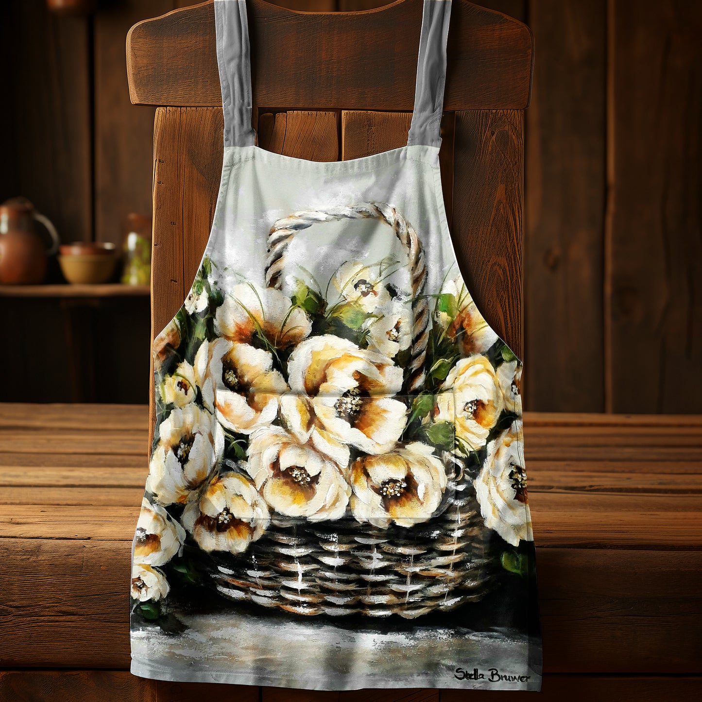 Cream Painted Peonies Medium Length Apron by Stella Bruwer