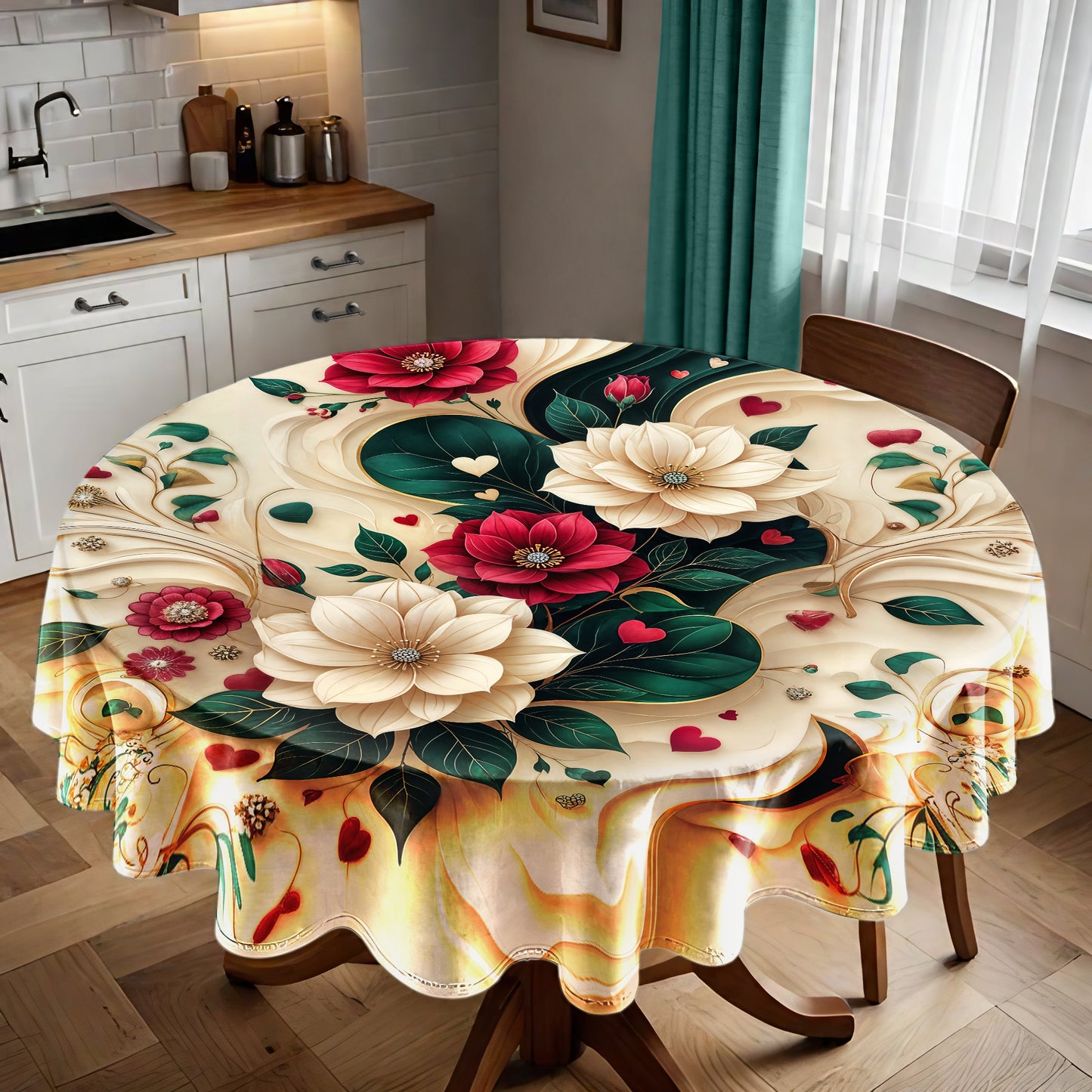 Cream and Emerald Green Round Tablecloth