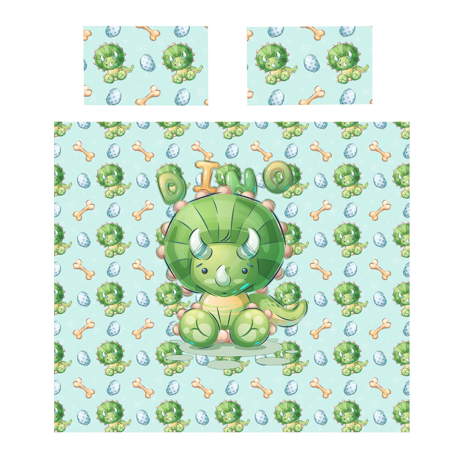 Cute Light Green Triceratops Kids Duvet Cover Set