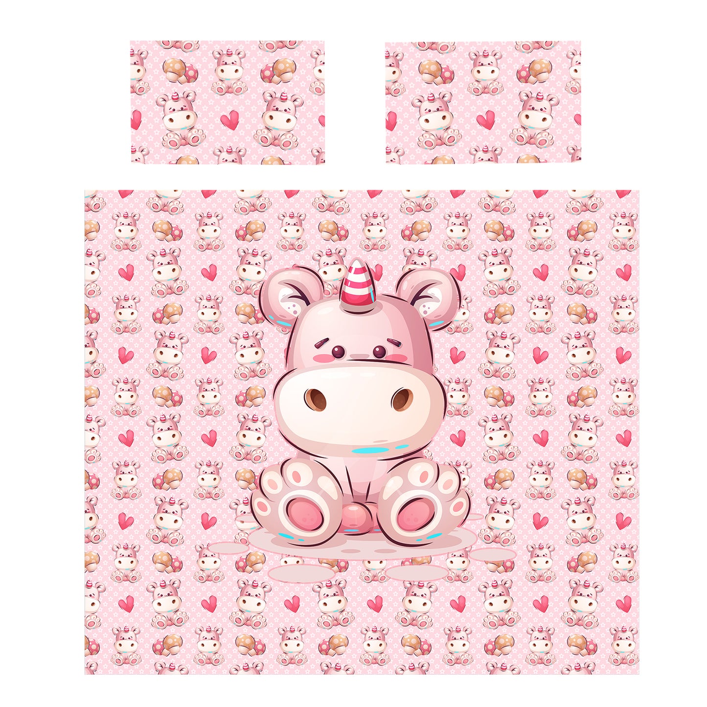 Cute Pink Hippo Kids Duvet Cover Set