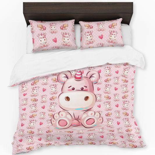 Cute Pink Hippo Kids Duvet Cover Set