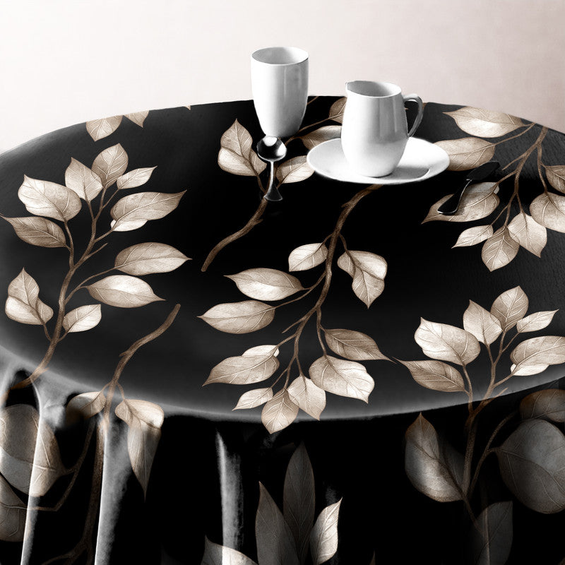 Dark Brown Leaves On Black Round Tablecloth by Mark van Vuuren