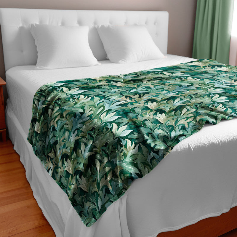 Dark Green Leaves Light Bed Throw
