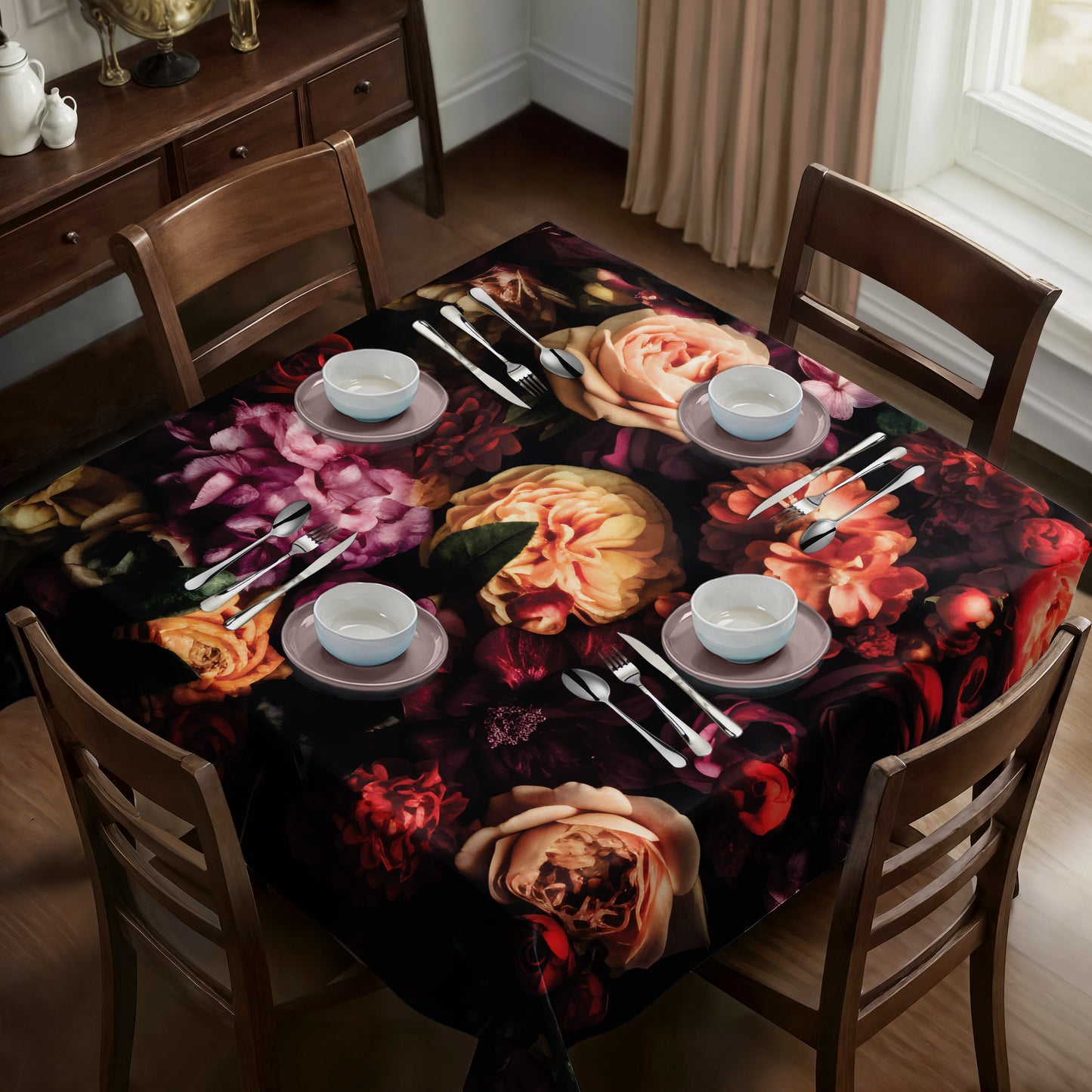 Dark Moody Flowers Square Tablecloth