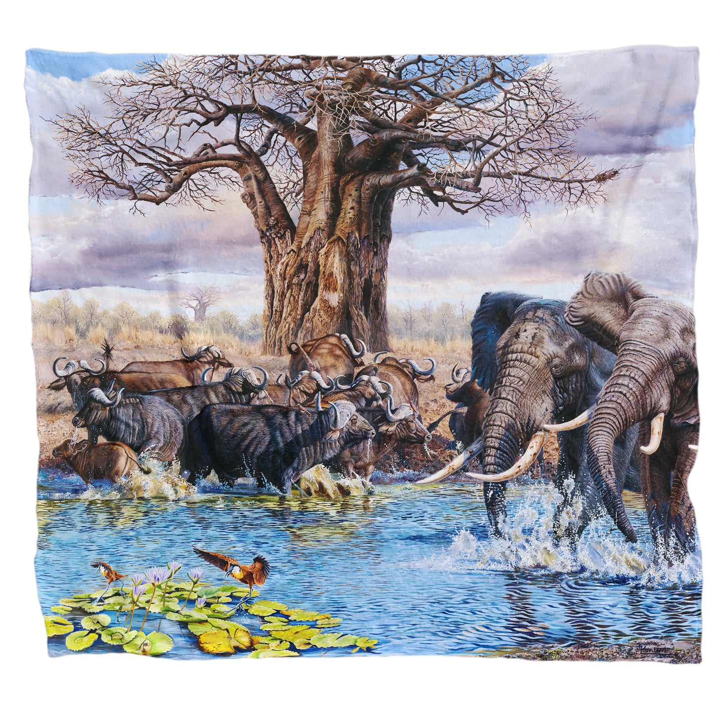 Buffalo at the Water Hole Light Weight Fleece Blanket by Delene Lambert