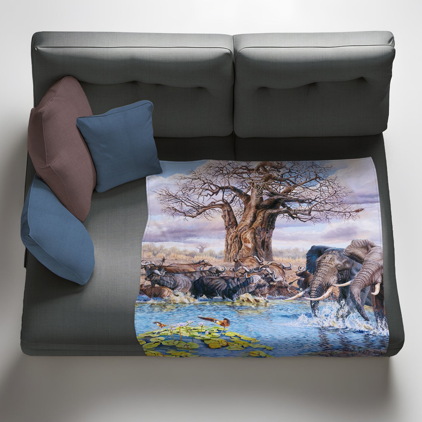 Buffalo at the Water Hole Light Weight Fleece Blanket by Delene Lambert