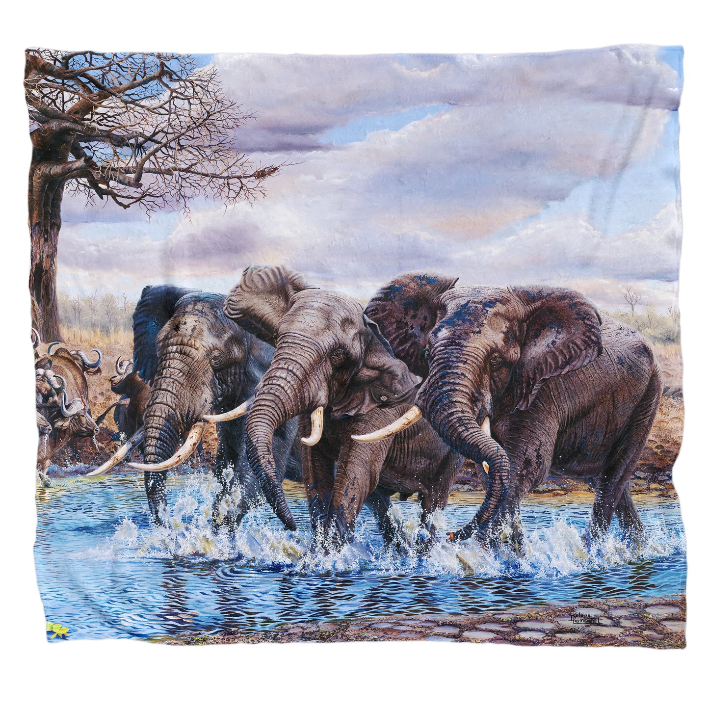 Elephants at the Water Hole Light Weight Fleece Blanket by Delene Lambert