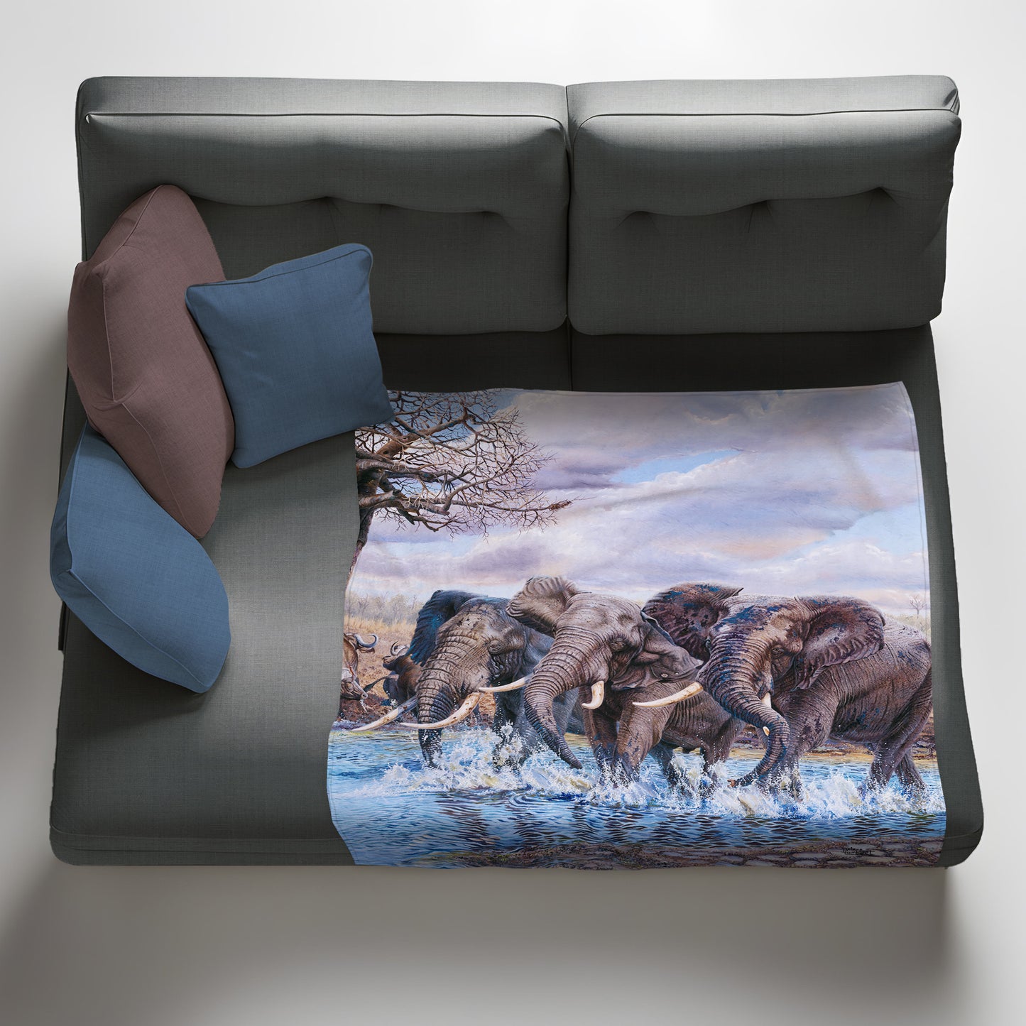 Elephants at the Water Hole Light Weight Fleece Blanket by Delene Lambert