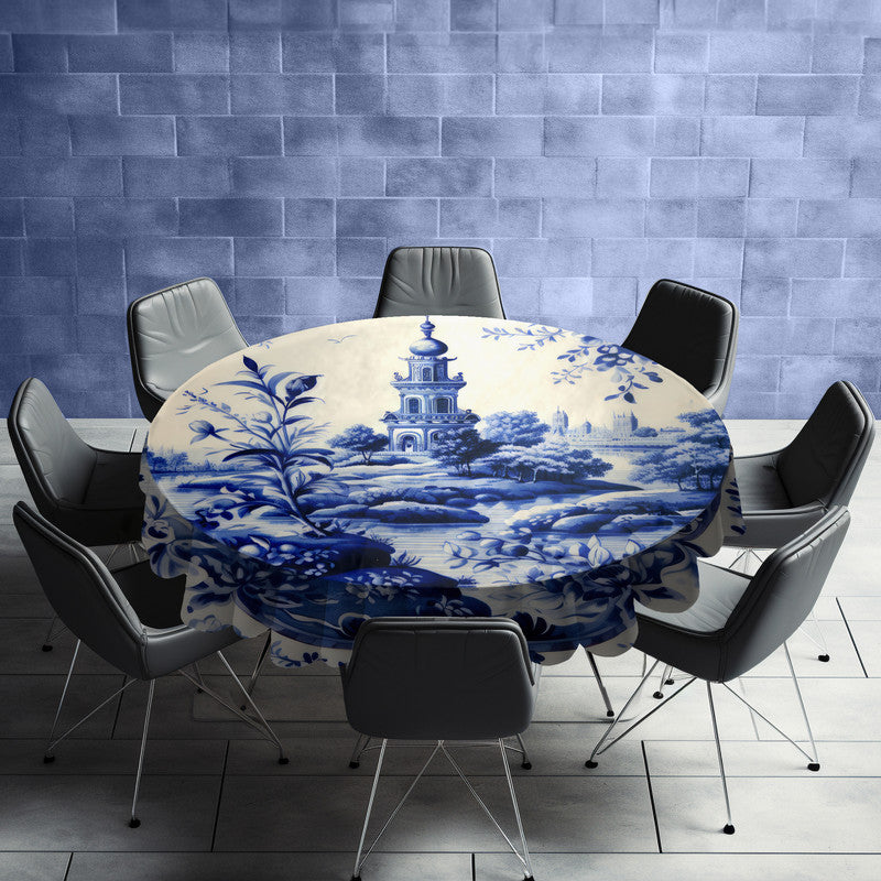 Delft Vermeer's Garden Round Tablecloth