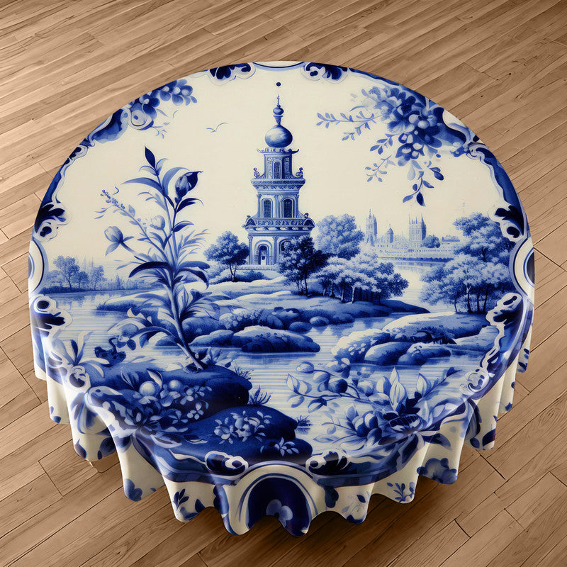 Delft Vermeer's Garden Round Tablecloth